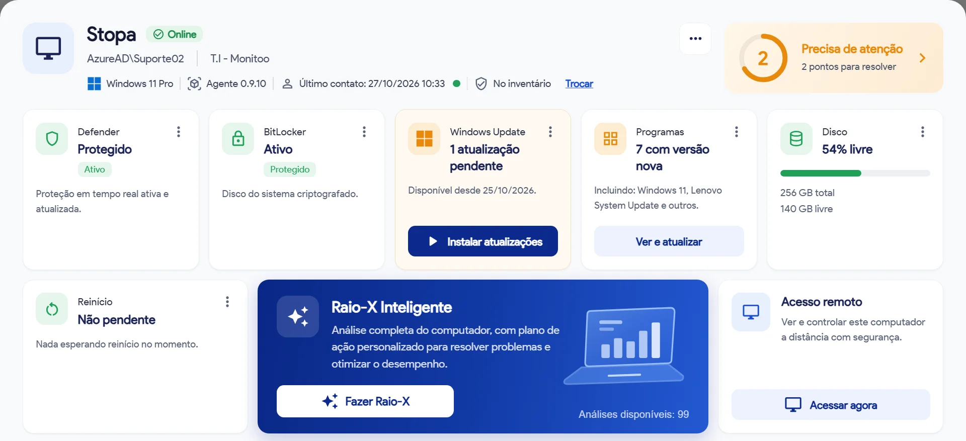 Ficha do computador com Defender, BitLocker, Windows Update, programas, disco, Raio-X e acesso remoto